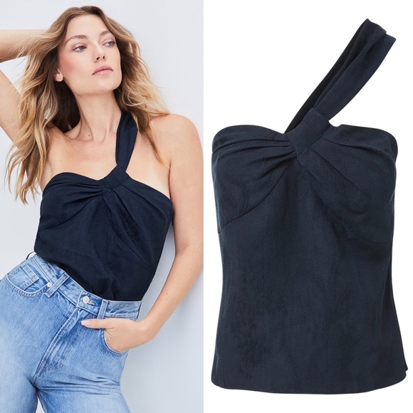 Veronica Beard Tops - Veronica Beard Belinda Floral Jacquard One Shoulder Strap Top in Ink Blue